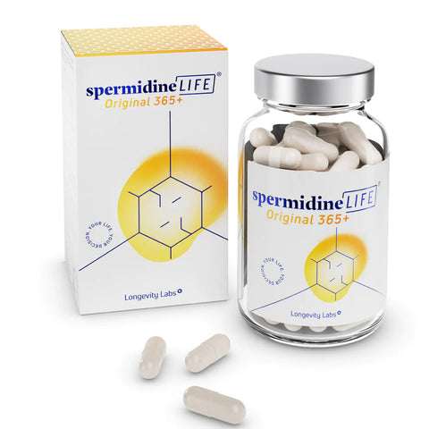 SpermidineLife supplement bottle and packaging on a white background