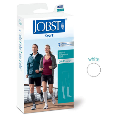 Packaging for Jobst Sport compression socks in white, featuring an image of a man and a woman wearing the socks, engaged in physical activity.