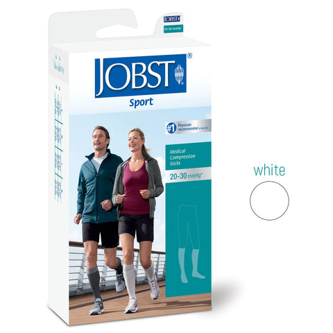 Packaging for Jobst Sport compression socks in white, featuring an image of a man and a woman wearing the socks, engaged in physical activity.