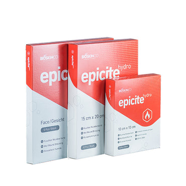 Boxes of Epicite Hydro wound care products, showing various sizes with branding and medical certification.