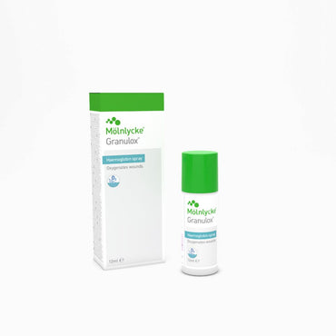 Packaging of Granulox Spray topical cu hemoglobina by Molnlycke, showing a white box and a spray bottle with green and blue branding.