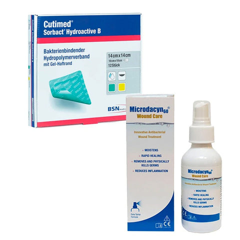 Medical products including a box labeled 'Cutimed Sorbact Hydroactive B' and a spray bottle labeled 'Microdacryl Wound Care' on a white background.
