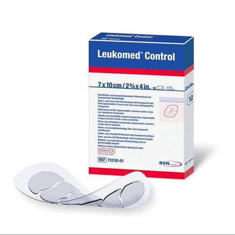 Packaging box of Leukomed Control wound dressing, showing the product and its dimensions.