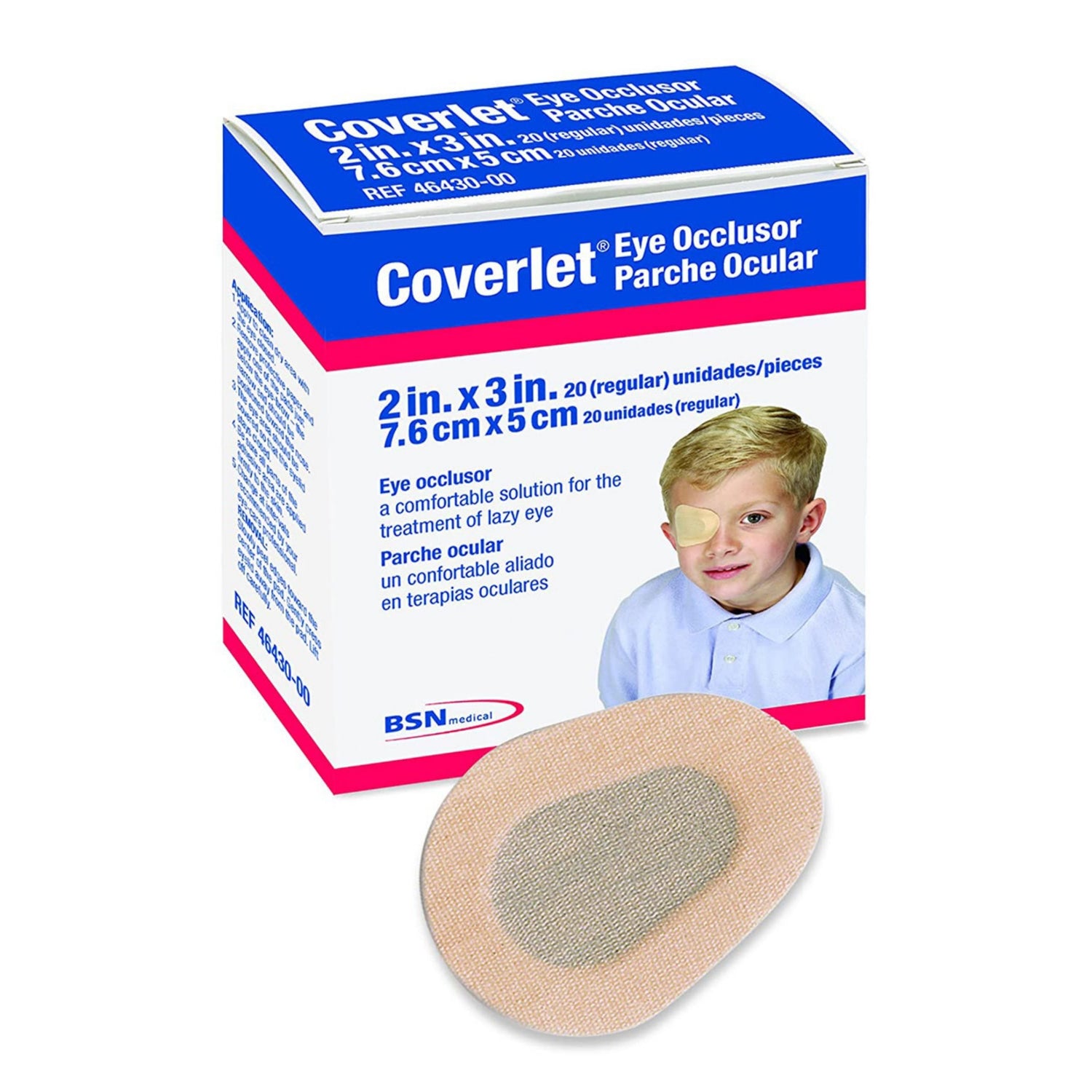 Packaging of BSN Coverlet Junior Eye Occluder patches for treating strabismus and amblyopia in children over 12 months, showing the product and its uses.