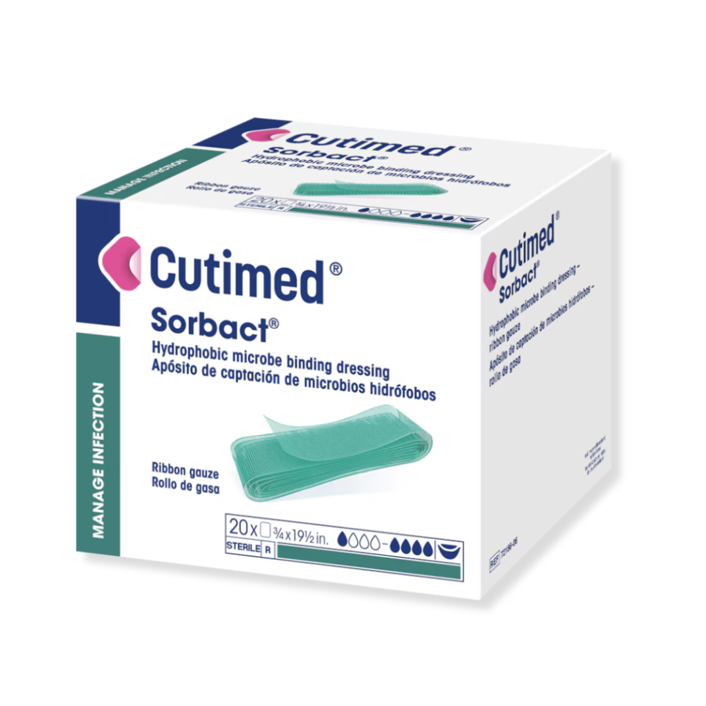 Box of Cutimed Sorbact medical dressing on a white background
