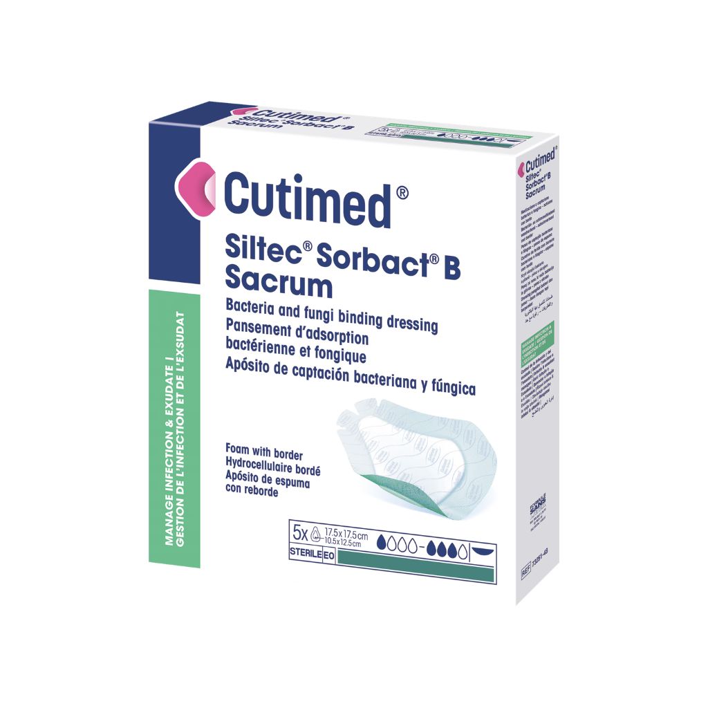 Cutimed® Siltec® Sorbact® B Sacrum, pansament antimicrobian cu spumă absorbantă, destinat zonei sacrale