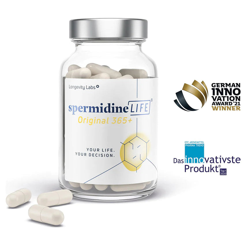 Bottle of spermidine LIFE supplement with capsules on a white background