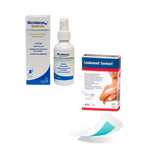 Three medical products including a spray bottle, box, and bandage on a white background