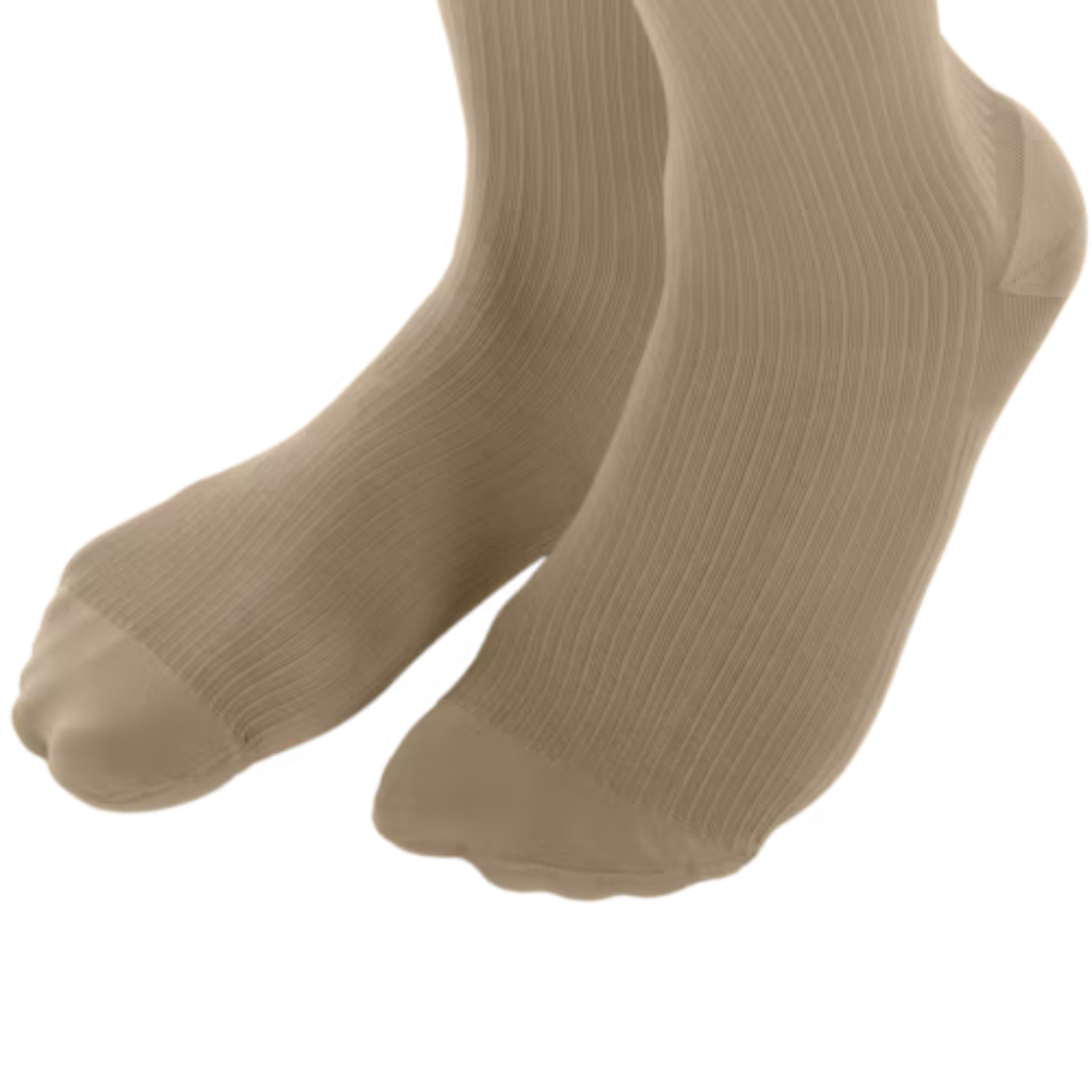 Pair of beige socks on a white background