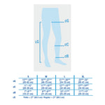 Measurement chart for tights with a blue outline of legs and size guide.