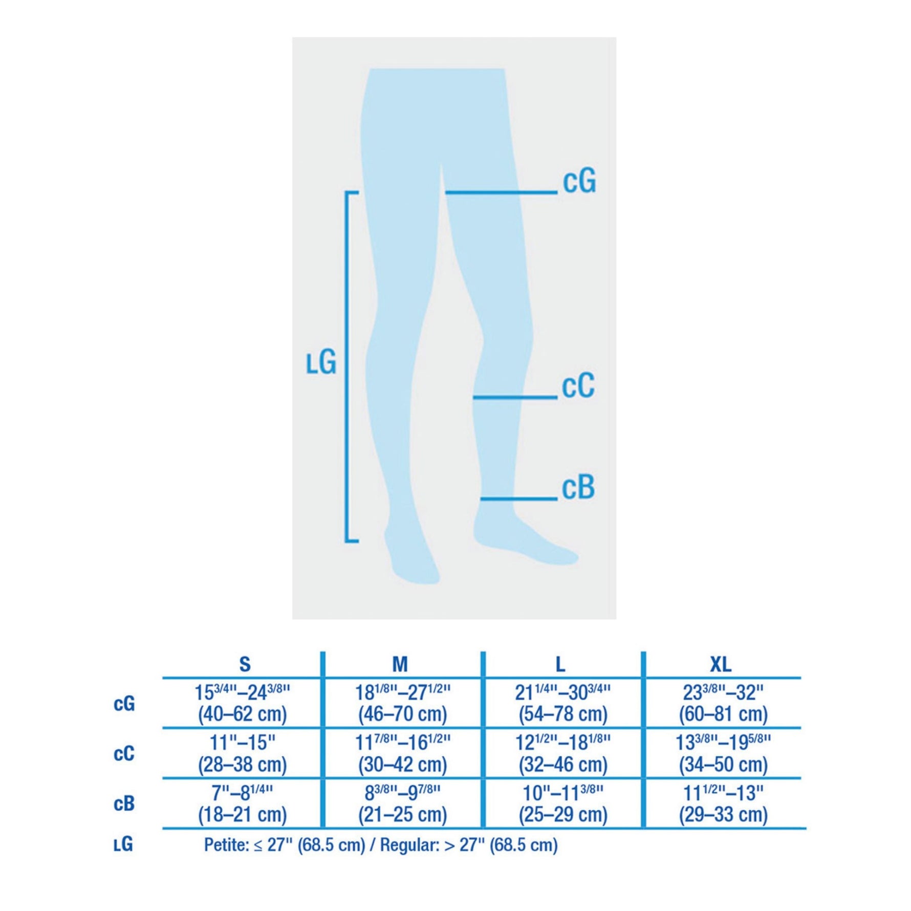 Measurement chart for tights with a blue outline of legs and size guide.