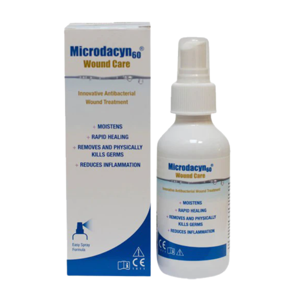 Microdacyn 60 Wound Care spray bottle and packaging on a white background
