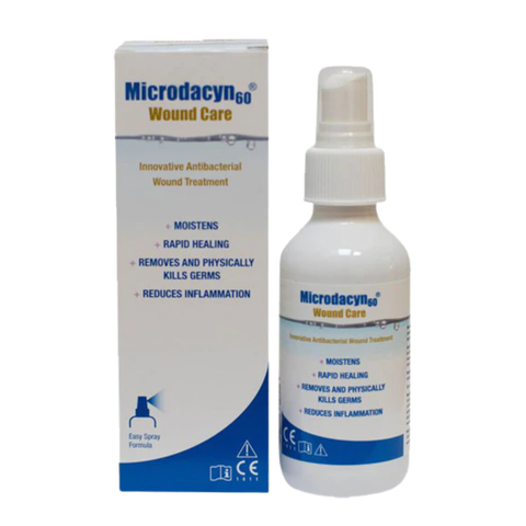 Microdacyn 60 Wound Care spray bottle and packaging on a white background