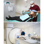 Top: Dentist examining a patient in a dental office. Bottom: MRI machine in a medical setting.
