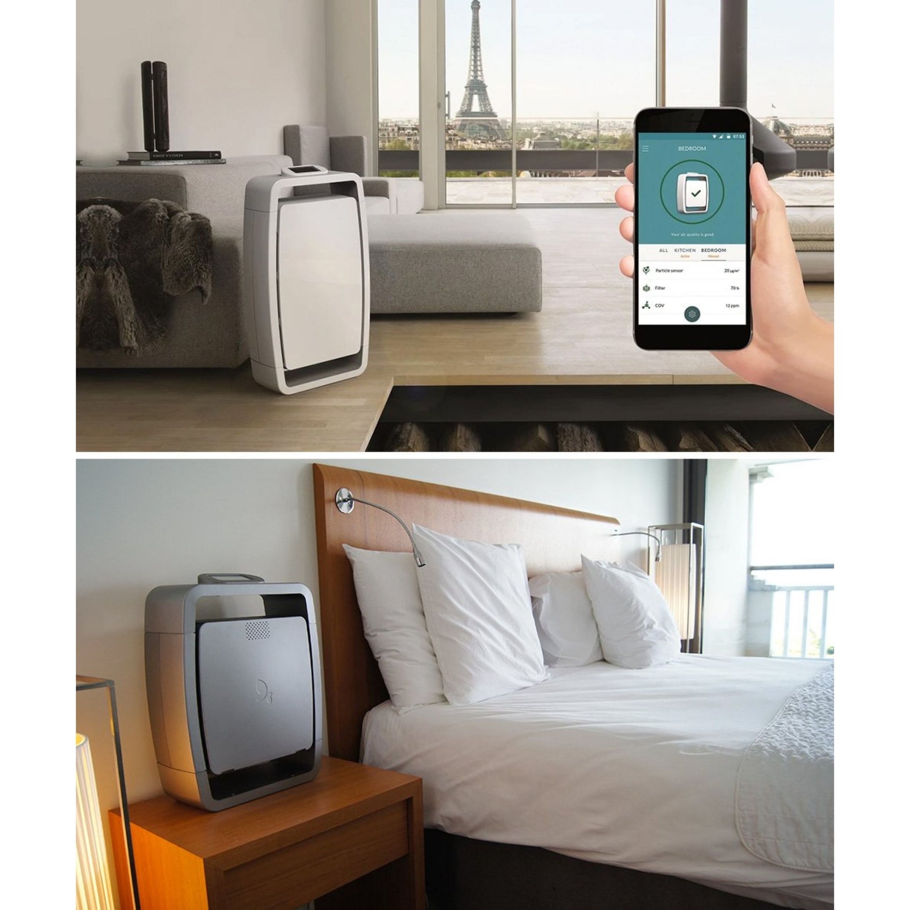 Smart air purifier in a living room with smartphone app control, and another in a bedroom.