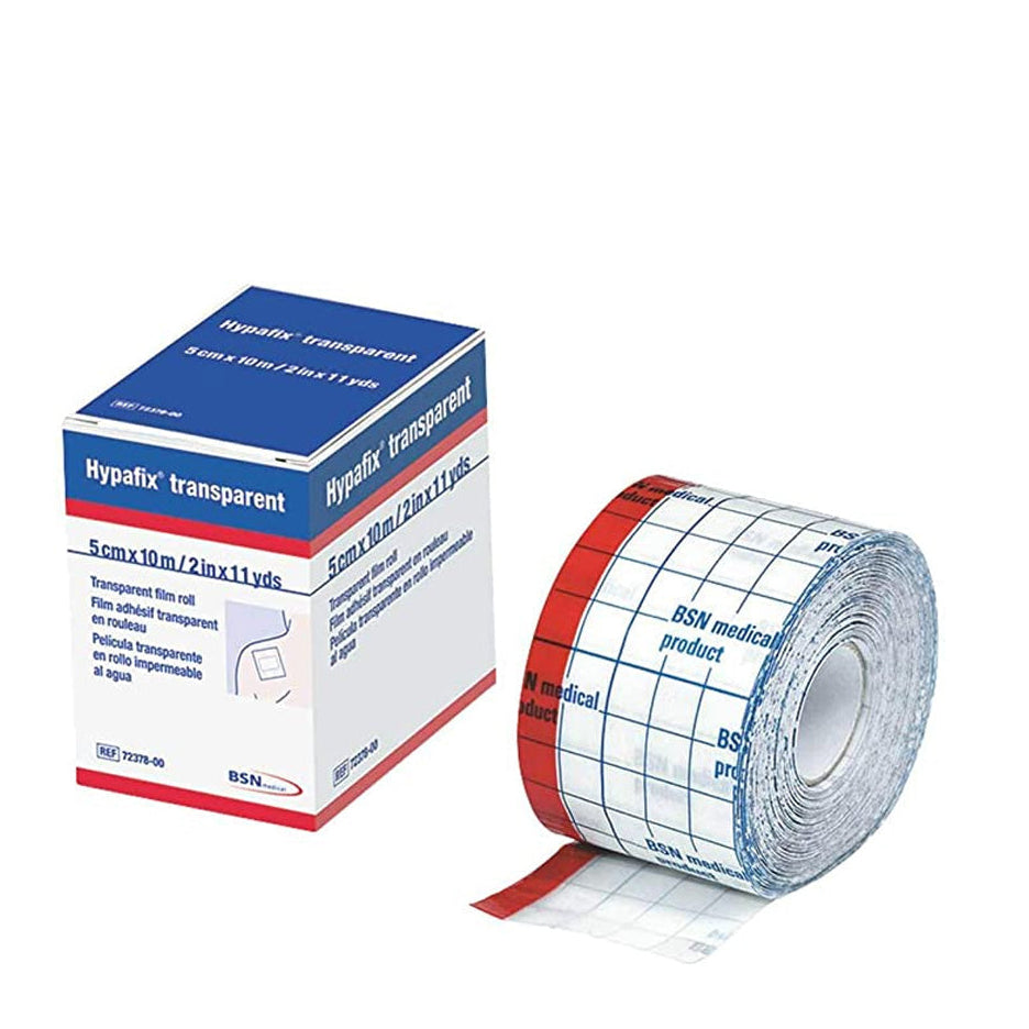 A roll of Hypafix Transparent wound dressing film next to its packaging box.