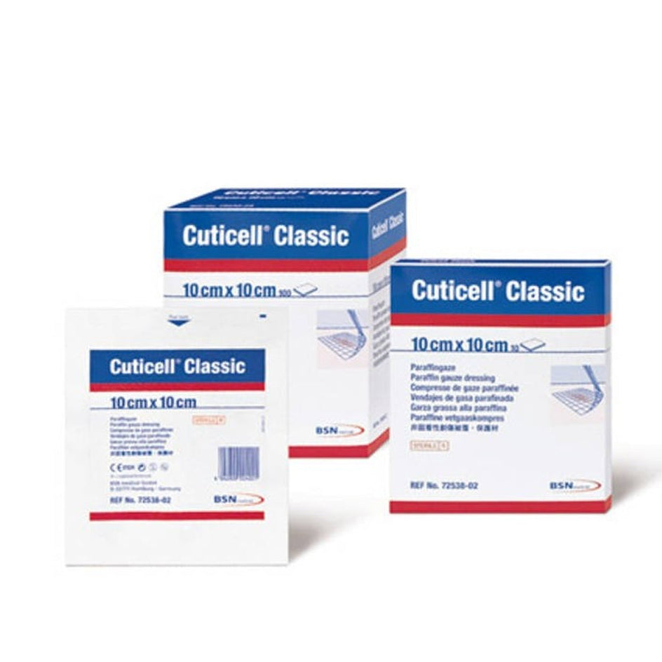 Packaging of Cuticell Classic wound dressing, showing boxes and individual dressing sheets.