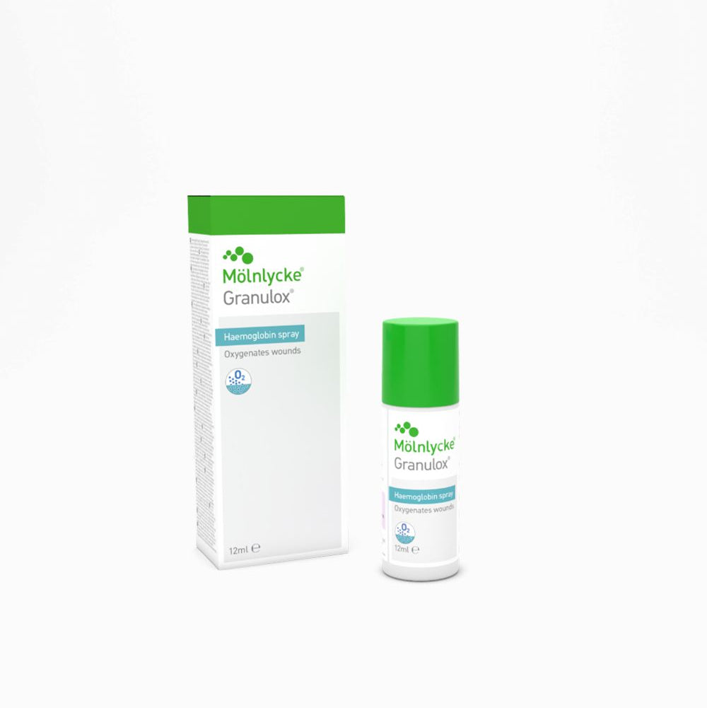 Packaging of Granulox Spray topical cu hemoglobina by Molnlycke, showing a white box and a spray bottle with green and blue branding.