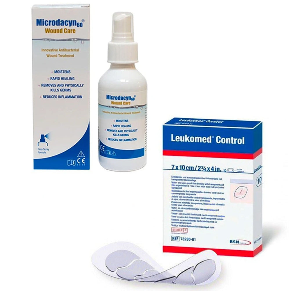 Wound care products including a spray bottle, box, and bandage on a white background
