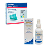 Medical products including a box labeled 'Cutimed Sorbact Hydroactive B' and a spray bottle labeled 'Microdacryl Wound Care' on a white background.