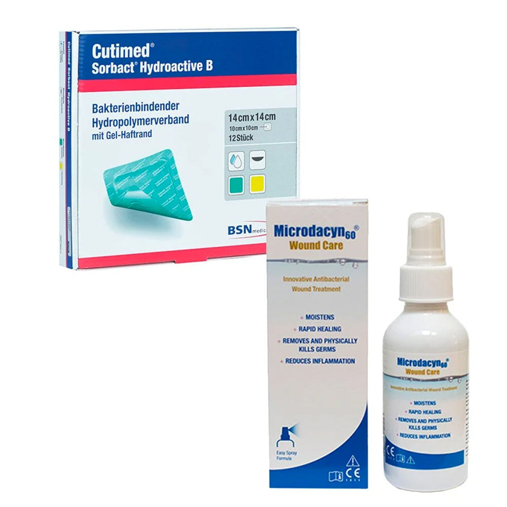 Medical products including a box labeled 'Cutimed Sorbact Hydroactive B' and a spray bottle labeled 'Microdacryl Wound Care' on a white background.