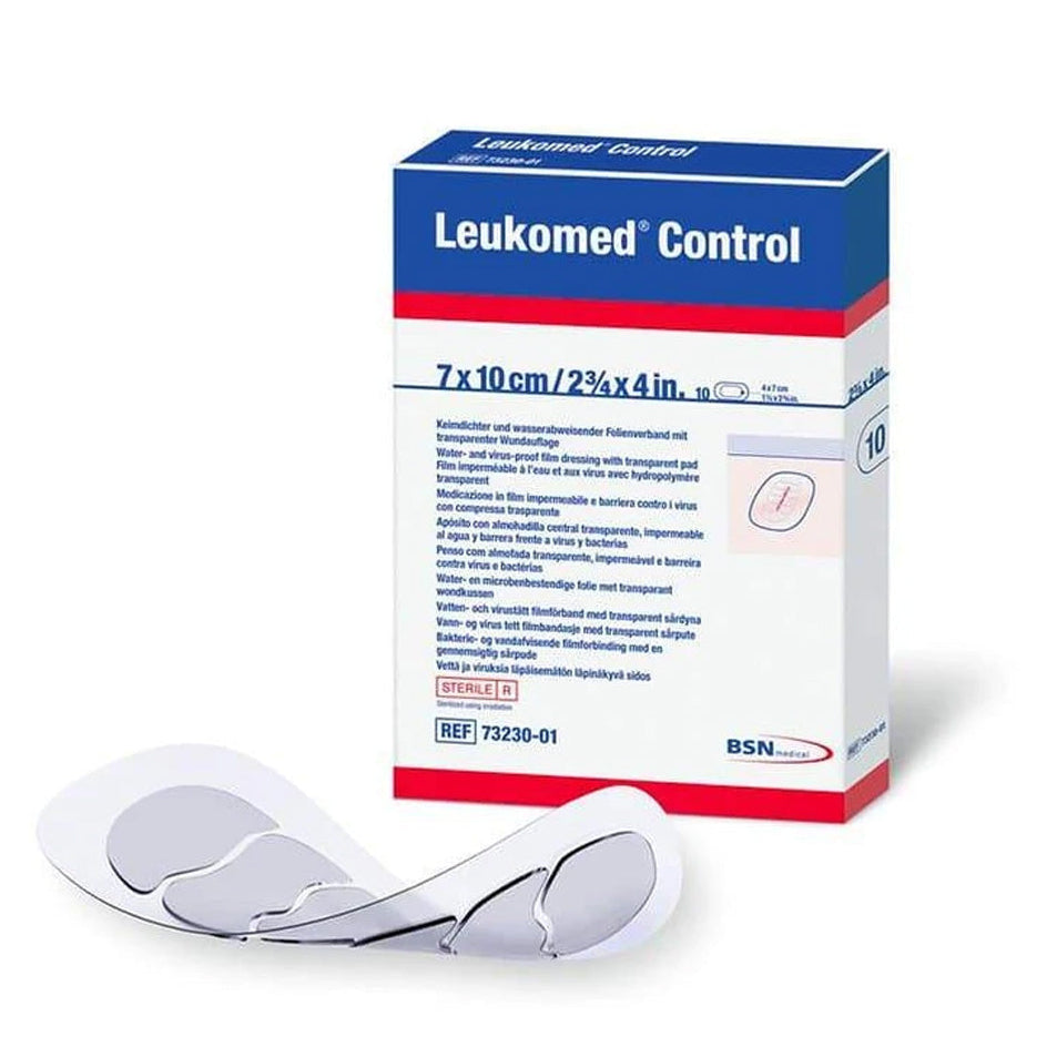Packaging box of Leukomed Control wound dressing, showing the product and its dimensions.