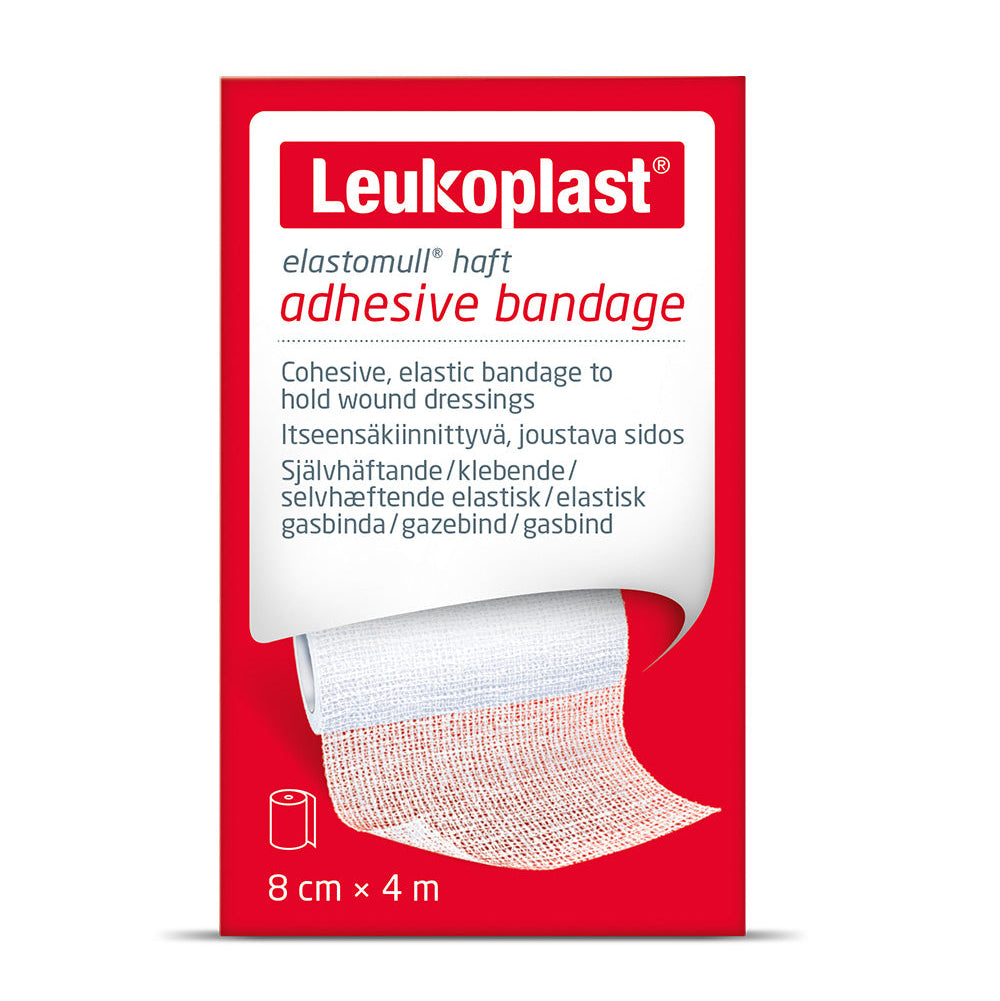 Packaging of Leukoplast elastomull haft adhesive bandage, showing the bandage roll and packaging details.