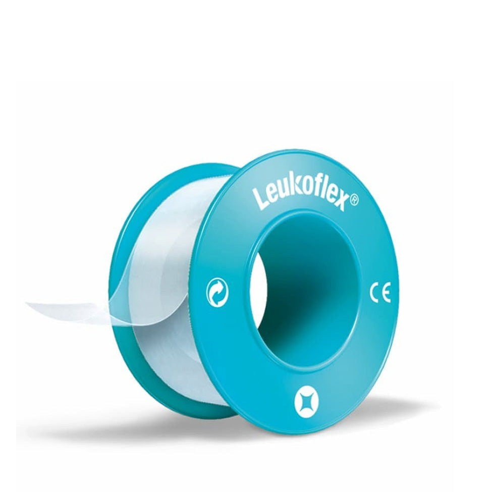 Blue spool of Leukoflex tape on a white background