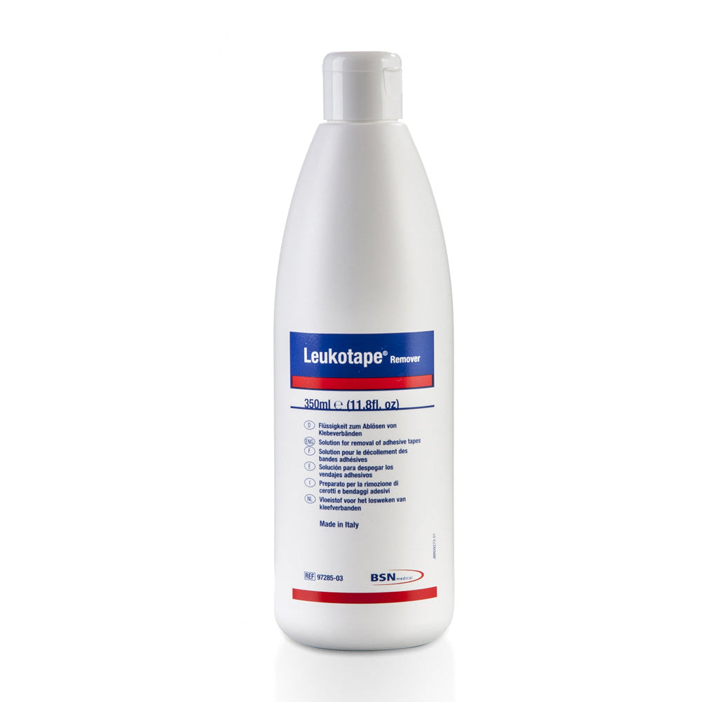 A white bottle with a label that displays 'Leukotape Remover' and has text that describes the product's use and features.